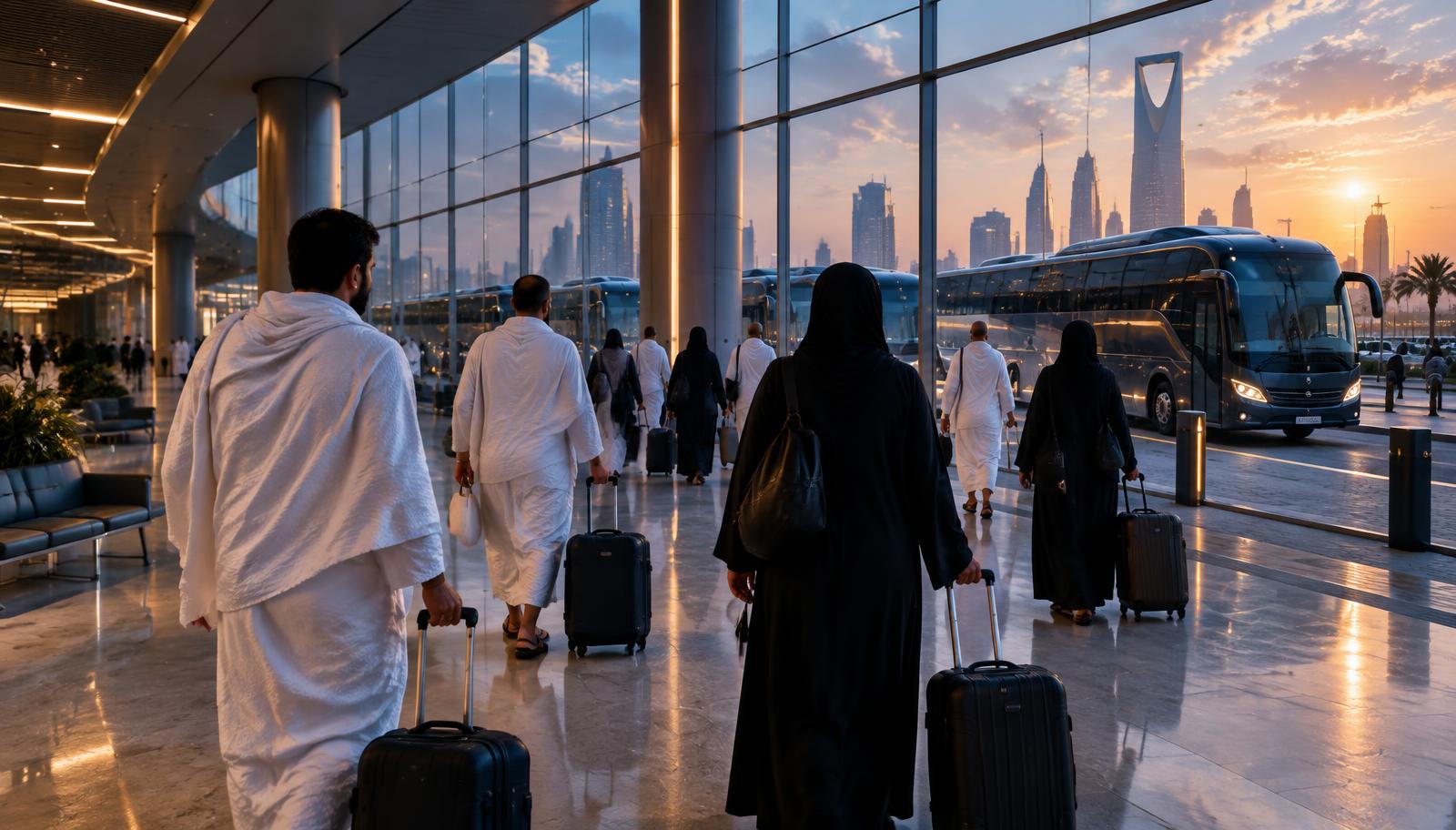 معتمرون بملابس الإحرام يتجهون إلى باصات العمرة الحديثة في الرياض